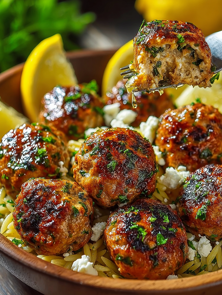 Greek Lemon Chicken Meatballs with Herbed Orzo