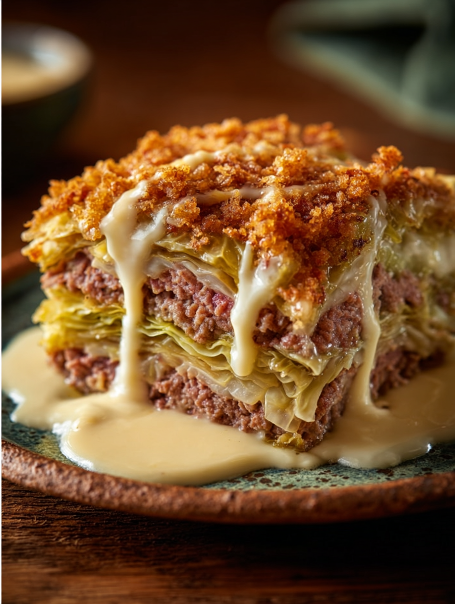 Savory Stuffed Cabbage Layer Bake with Mustard Cream Drizzle