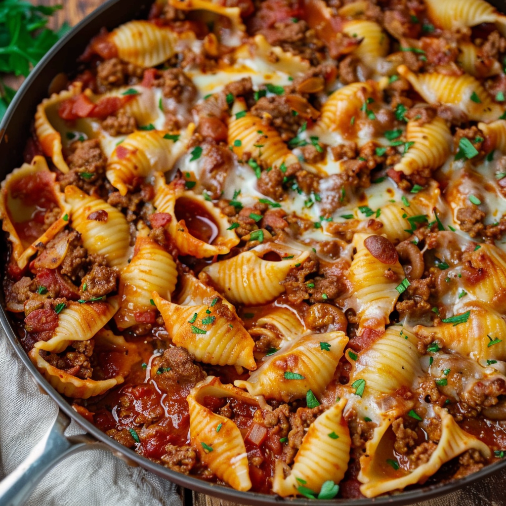 Loaded Cheesy Beef Shells Skillet