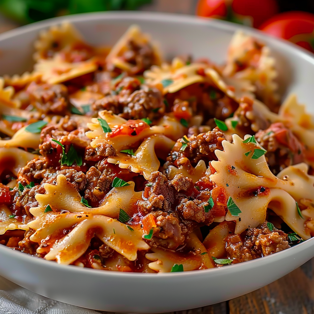 Rustic Beef & Tomato Bowtie Skillet